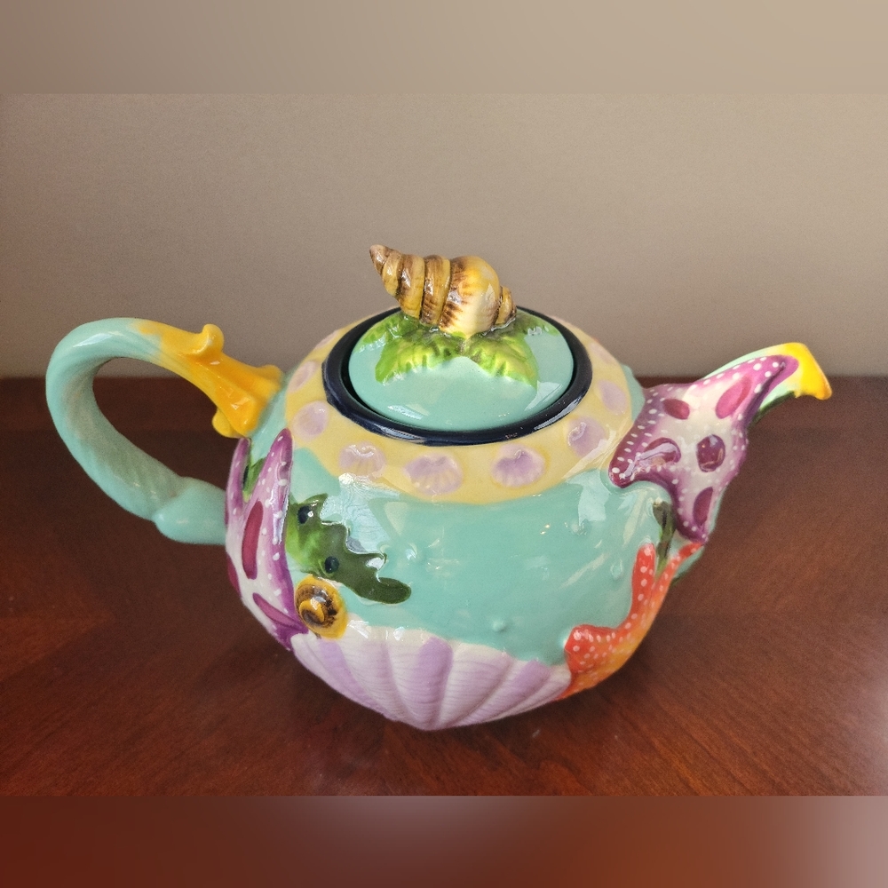 BLUE SKY Starfish Seashell Teapot Functional Art Cottagecore Beach House